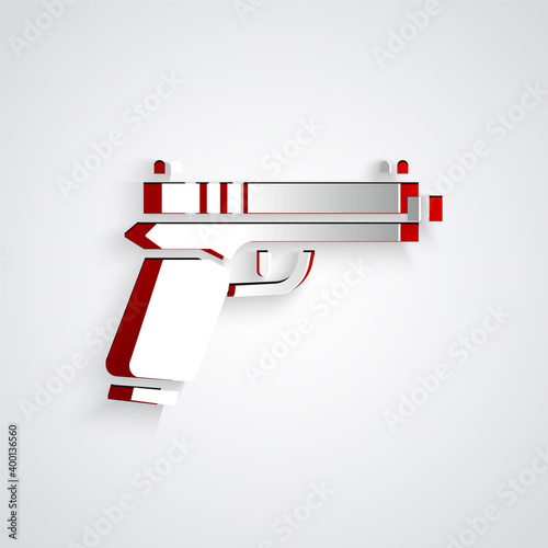 Paper cut Pistol or gun icon isolated on grey background. Police or military handgun. Small firearm. Paper art style. Vector.