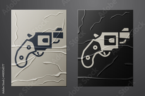 White Small gun revolver icon isolated on crumpled paper background. Pocket pistol for self-defense. Ladies revolver. Spy Weapon. Paper art style. Vector.