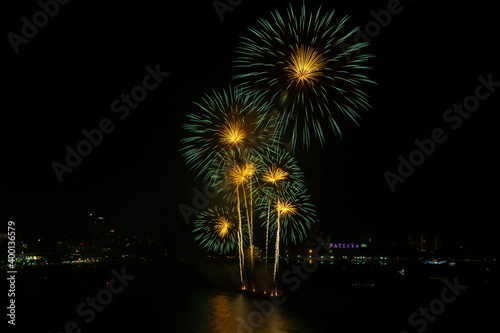 Colorful firework over Pattaya beach during International Festival, celebration for New Year