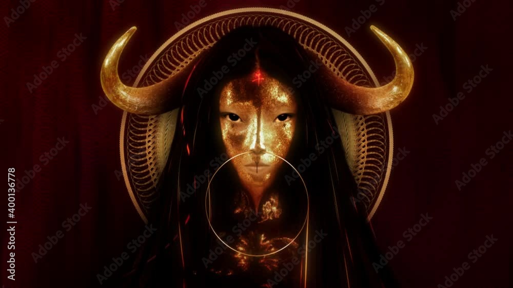 Chinese New Year 2021 Golden Ox Goddess character looped portrait shot with copy space. 3D animated concept of Metal Ox Zodiac character with rich oriental ornaments as modern interpretation.