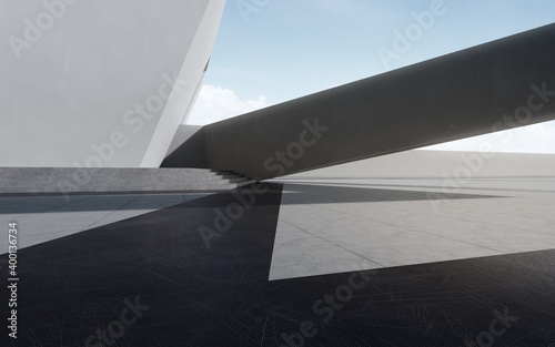 Empty concrete floor for car park. 3d rendering of abstract gray building with clear sky background.