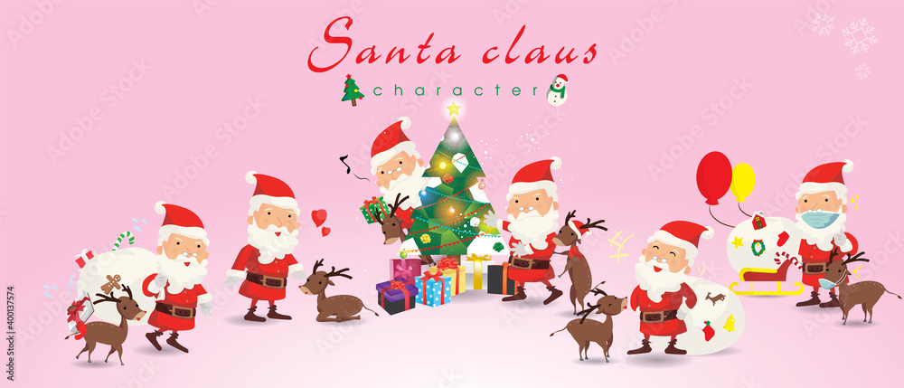 Cartoon Christmas illustrations set. Funny happy Santa Claus and raindeer, bag with presents, Sleigh and christmas tree, waving and greeting, For Christmas cards, banners, tags and labels. Cartoon Christmas illustrations set. Funny happy Santa Claus and raindeer, bag with presents, Sleigh and christmas tree, waving and greeting, For Christmas cards, banners, tags and labels.
