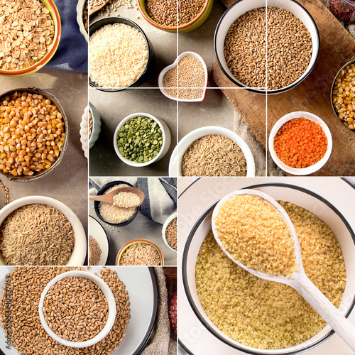 Collage of ancient grains, seeds, beans