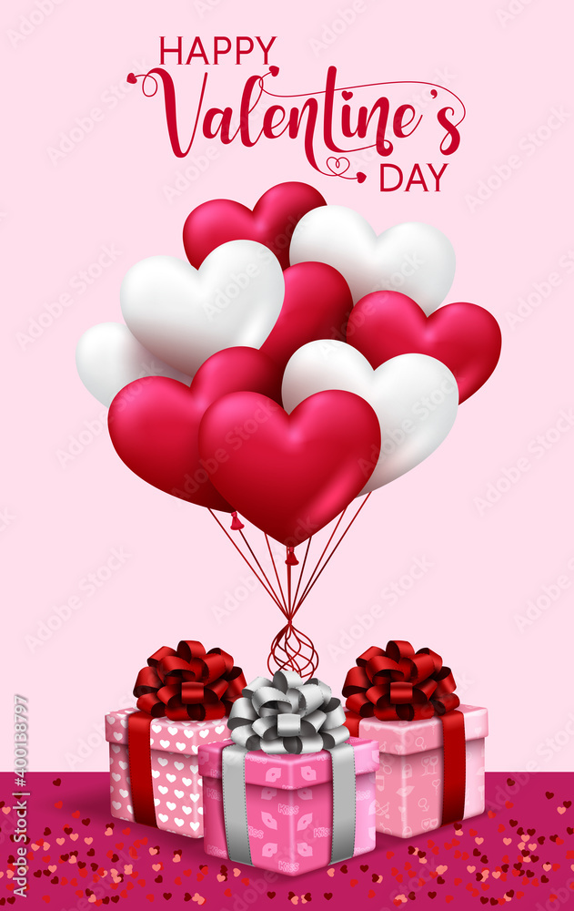 Valentine's vector background design. Happy valentine's day text with heart balloons and gifts element for valentines greeting card design. Vector illustration 
