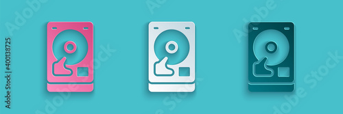 Paper cut Hard disk drive HDD icon isolated on blue background. Paper art style. Vector.