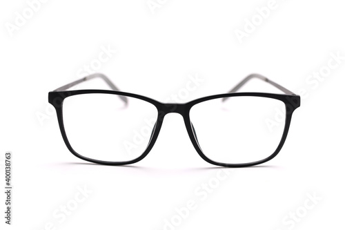 Closeup of black rimmed eyeglasses isolated on white background