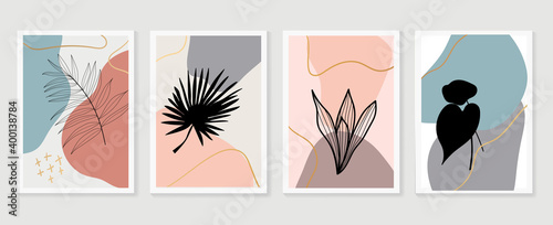 Botanical and gold abstract wall arts vector collection.  Golden and luxury pattern design with leaves line arts, Hand draw Organic shape design for wall framed prints, canvas prints, poster, home dec