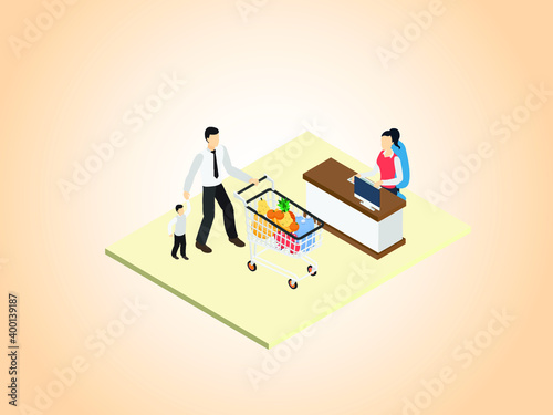 Father and son doing grocery shopping isometric 3d vector concept for banner, website, illustration, landing page, flyer, etc.