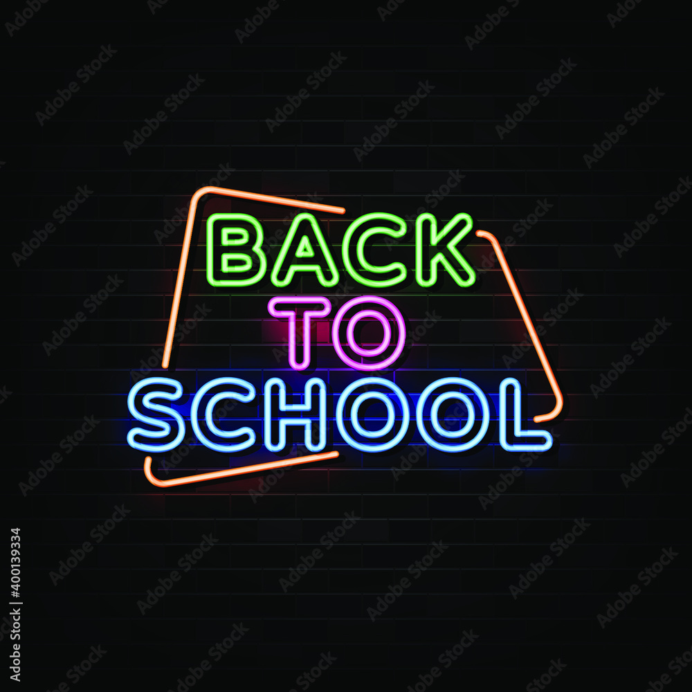 Back to school Neon signboard Vector. design template, modern trend design, night neon signboard, night bright advertising, light banner. Vector illustration Back to school Neon signboard Vector. design template, modern trend design, night neon signboard, night bright advertising, light banner. Vector illustration