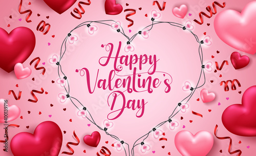 Valentine's day vector background design. Happy valentine's day text with 3d hearts, heart shape light and confetti decoration elements for valentine card design. Vector illustration  
