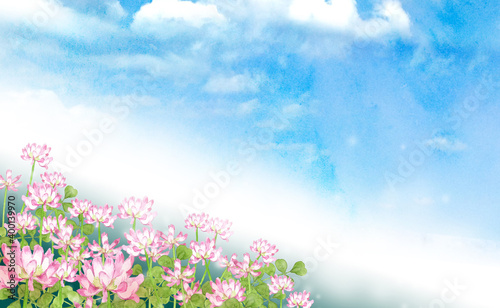 Fototapeta Naklejka Na Ścianę i Meble -  レンゲ畑の風景　水彩イラスト