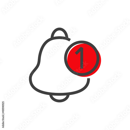Campana de alarma de nuevo mensaje con número 1 en círculo. Logotipo con lineas en color gris y rojo