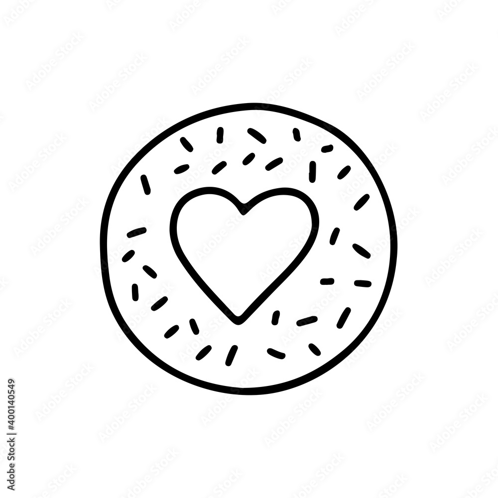Obraz premium Hand drawn donut with a heart in doodle style isolated on white background. Vector outline illustration. Design for greeting card, banner, web, sticker, menu