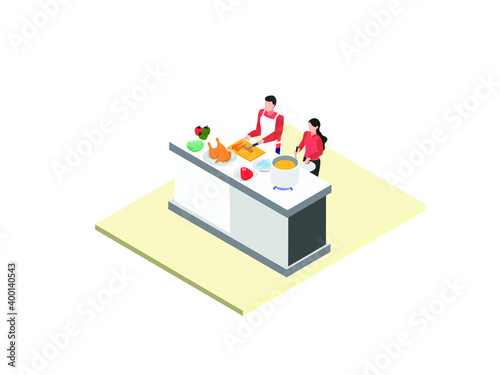 Couple cooking together isometric 3d vector concept for banner, website, illustration, landing page, flyer, etc.