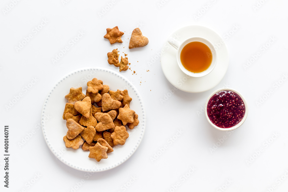 Homemade biscuits with tea, overhead view Homemade biscuits with tea, overhead view