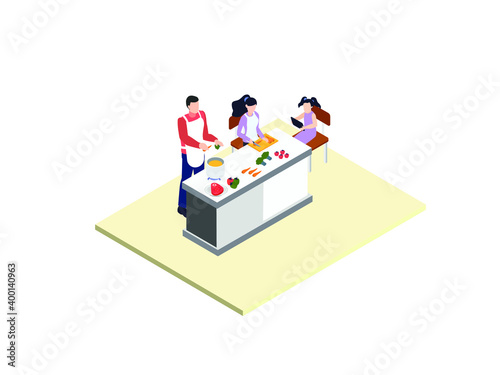 Family cooking together isometric 3d vector concept for banner, website, illustration, landing page, flyer, etc.