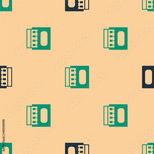Green and black Open matchbox and matches icon isolated seamless pattern on beige background. Vector.