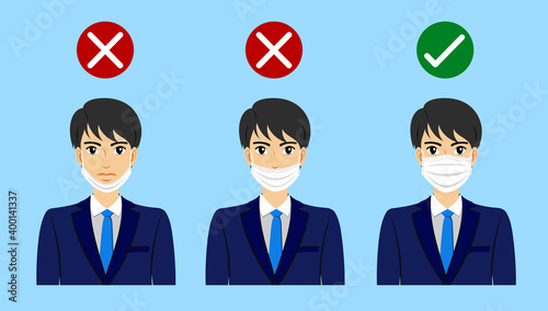 Vector cartoon portrait young male wearing medical face protective mask correctly and wrong. Health care concept to avoiding air pollution or illness and virus illustration isolated on background.