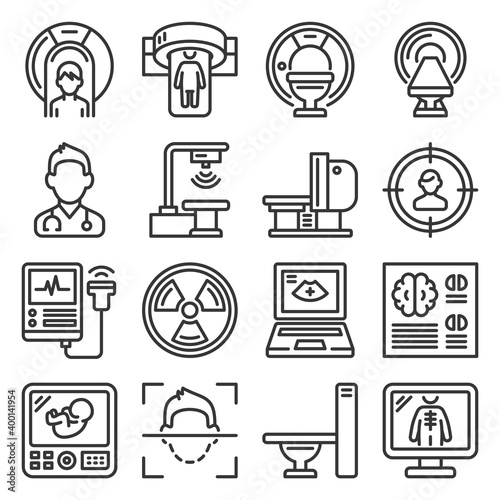 Medical Research Devices. CT Scan, MRI and X-ray Icons Set. Vector