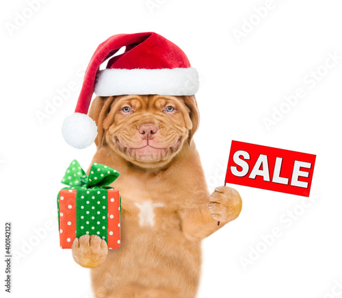 Smiling puppy  wearing a red christmas hat holds sales symbol and gift box. isolated on white background © Ermolaev Alexandr