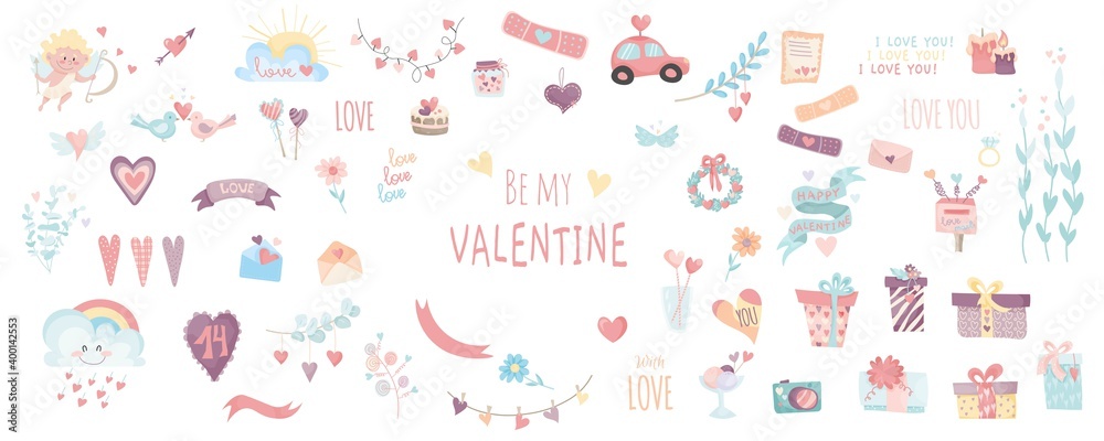 Big set of vector stickers for valentine's day. collection of vector illustrations about love Big set of vector stickers for valentine's day. collection of vector illustrations about love