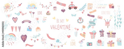 Big set of vector stickers for valentine's day. collection of vector illustrations about love