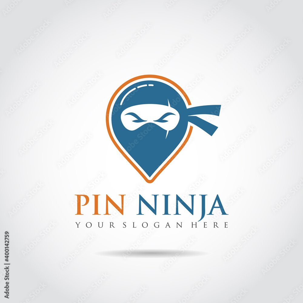 Naklejka premium Pin Ninja Logo Template. Pin Map and icon ninja concept. Vector Illustrator eps.10