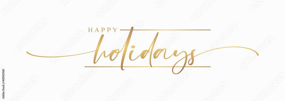 Fototapeta Happy Holidays Handwriting Lettering Calligraphy with Gold Color, isolated on white background. Greeting Card Vector Illustration Template.