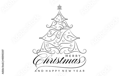 Merry Christmas & Happy new year monochrome design, Monoline Merry christmas Tree ornament, hand drawn lettering font for greeting cards, banner, flyer, screen printing with minimalist template design