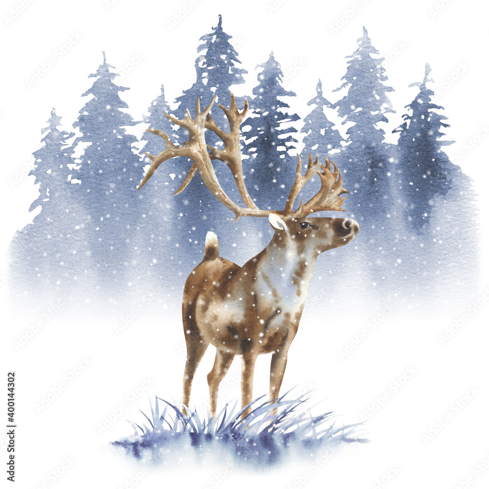 Obraz Watercolor winter deer, Christmas card, Holiday card printable, Winter forest illustration