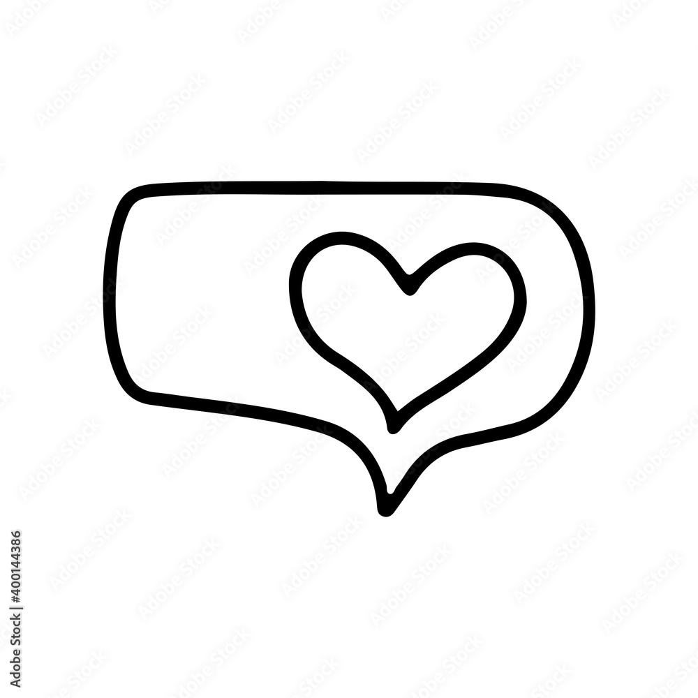 Hand drawn message icon with a heart for dialog speech in doodle style isolated on white background. Dialog heart for graphic chat talk sign. Vector outline illustration. Hand drawn message icon with a heart for dialog speech in doodle style isolated on white background. Dialog heart for graphic chat talk sign. Vector outline illustration.