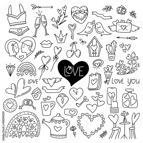 Hand drawn Valentines  day doodle set   isolated on white background. Vector outline illustration. Design for greeting card  banner  web  sticker