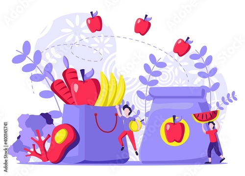 Healthy Organic Diet Nutrition Vector Illustration Concept Showing nutrition expert suggesting healthy diet to patient. Tiny people illustration . Vector illustration