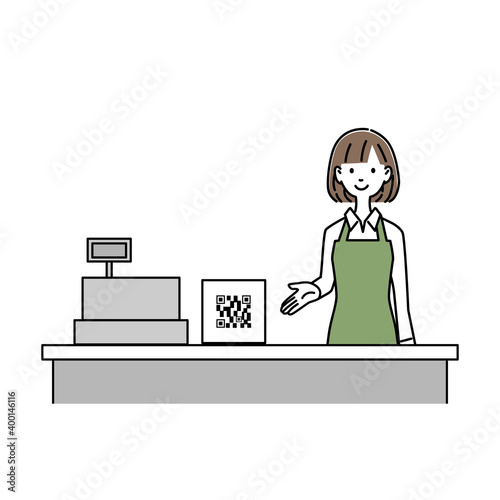 QRコードの案内をする女性レジ店員　イラスト