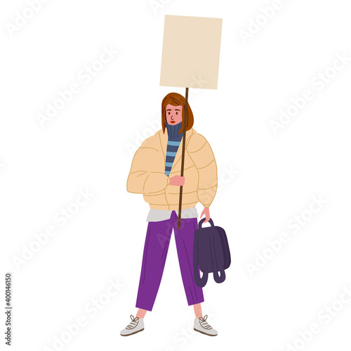 Protester woman holding empty banner. Activist protesting, political meeting, strike human female rights. Vector illustration