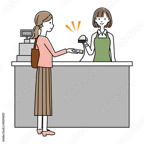 レジでQRコード決済をする女性　イラスト