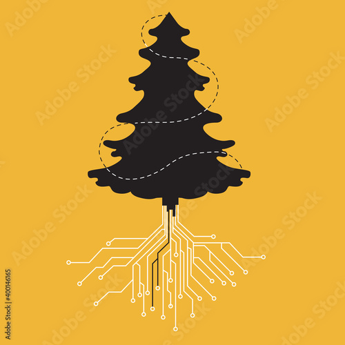 Digital black Christmas tree with roots from computer board on yellow background, vector illustration. Concept for New Year card, banner, mail, for the IT sphere, holiday for web developers