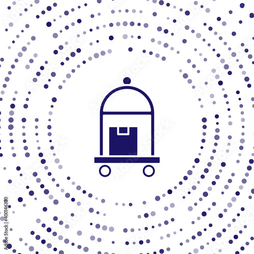 Blue Hotel luggage cart with suitcase icon isolated on white background. Traveling baggage sign. Travel luggage icon. Abstract circle random dots. Vector.