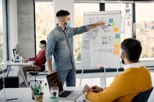 Entrepreneur wearing face mask while presenting new business plans on whiteboard in the office.