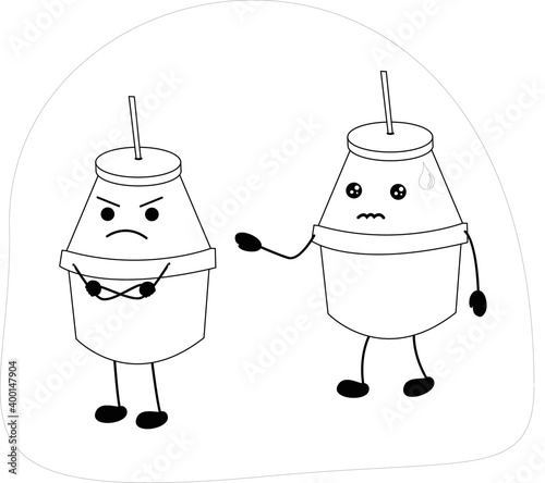 vector illustration of two fermented milk packaging character. outline. colorless image for coloring books at kids book