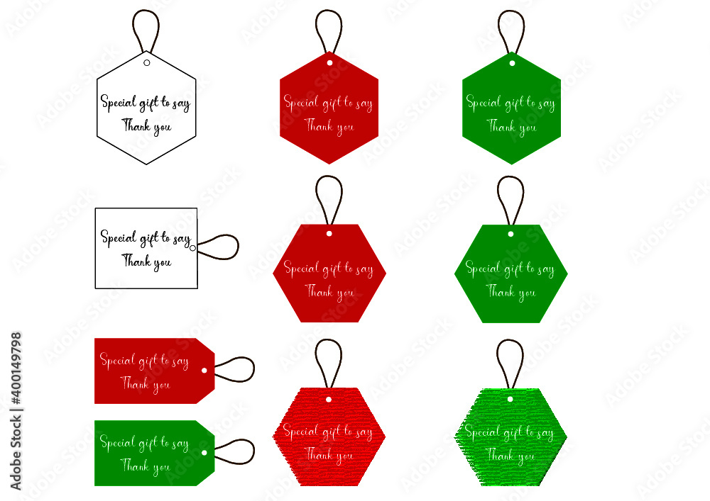 CMYK Set of labels with cord. Blank paper tags. Price tags. Gift tags. Isolated on background. Green and red tags and labels. Simple label design. Geometric shapes. Christmas theme. Merry Christmas.