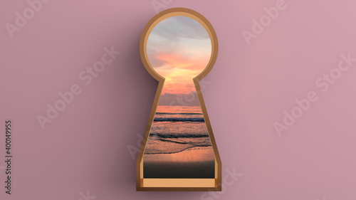 3D rendering of The golden keyhole window overlooks sea and the sunset. The orange and pink skies look beautiful. Atmosphere that feels so romantic. Isolated on pastel pink background, Unlock life. photo