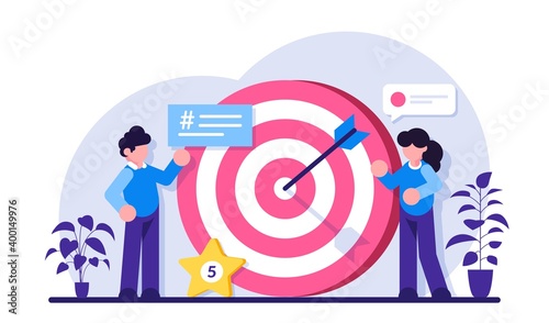 Business Strategy or Vision, big target with people, teamwork. Move up motivation, target achievement, successful contract team work. Modern flat illustration.