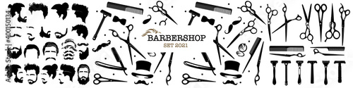 Set of barbershop symbols. Hair salon signs with haircuts and barber tools and accessories. Vector Illustration 