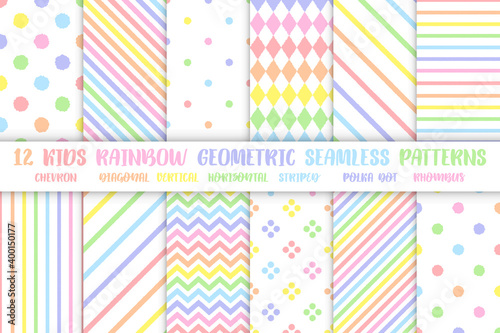 Set of kids rainbow seamless patterns with rough pastel colorful lines, vector illustration. Chevron, diagonal, vertical, horizontal striped, rhombus and polka dot geometric backgrounds
