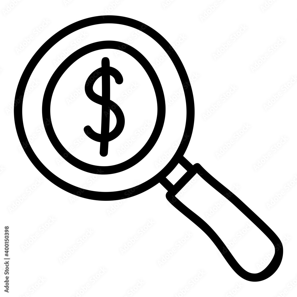 Dollar under magnifier, financial search icon. Dollar under magnifier, financial search icon.