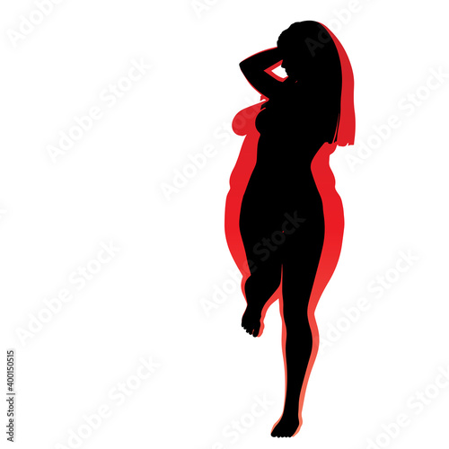 Vector conceptual fat overweight obese female vs slim fit healthy body after weight loss or diet with muscles thin young woman isolated. Fitness, nutrition or fatness obesity, health silhouette shape