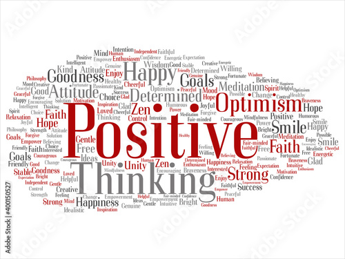Vector concept, conceptual positive thinking, happy strong attitude abstract word cloud isolated on background. Collage of optimism smile, faith, courageous goals, goodness, happiness inspiration text