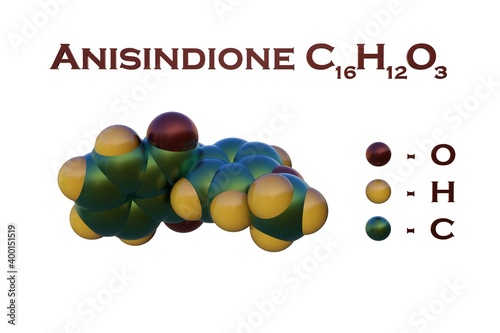 Structural chemical formula and space-filling molecular model of anisindione, a synthetic anticoagulant with similar effect to warfarin. Scientific background. 3d illustration photo