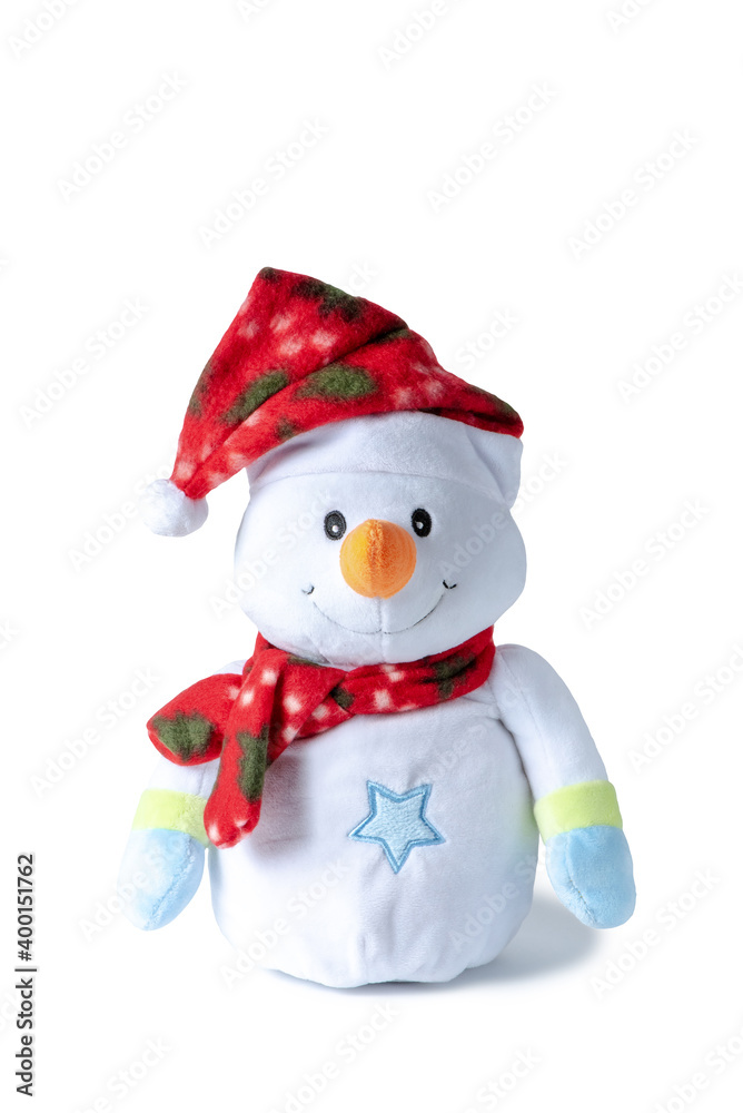 Soft toy cute white snowman in scarf and hat isolated on white background Soft toy cute white snowman in scarf and hat isolated on white background